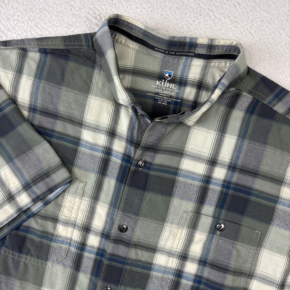 KUHL Styk Shirt Mens 2XL Plaid Tapered Fit Performance Nylon Hiking Short Sleeve